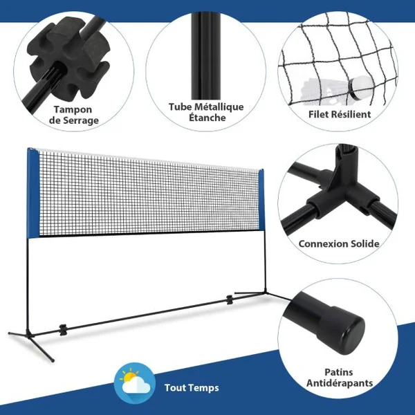 Ensemble de Filet et Raquettes de Badminton Réglable 2 Volants Repose-pieds Coussinets de Serrage Sac de Transport pour Volley-ball Pickleball 310*155M*102cm