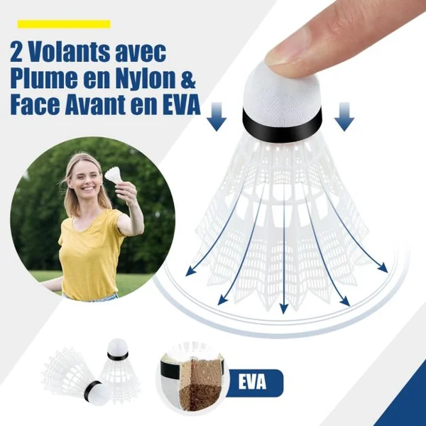 Ensemble de Filet et Raquettes de Badminton Réglable 2 Volants Repose-pieds Coussinets de Serrage Sac de Transport pour Volley-ball Pickleball 310*155M*102cm