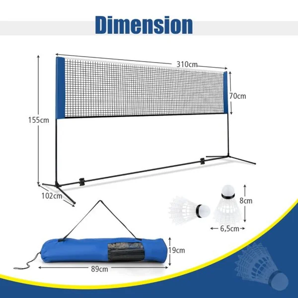 Ensemble de Filet et Raquettes de Badminton Réglable 2 Volants Repose-pieds Coussinets de Serrage Sac de Transport pour Volley-ball Pickleball 310*155M*102cm
