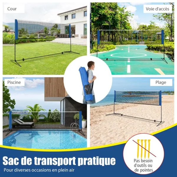 Ensemble de Filet et Raquettes de Badminton Réglable 2 Volants Repose-pieds Coussinets de Serrage Sac de Transport pour Volley-ball Pickleball 420*155*102cm