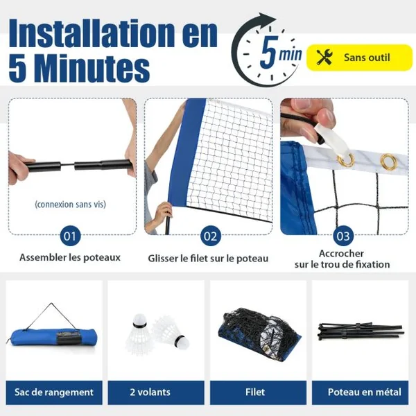 Ensemble de Filet et Raquettes de Badminton Réglable 2 Volants Repose-pieds Coussinets de Serrage Sac de Transport pour Volley-ball Pickleball 420*155*102cm