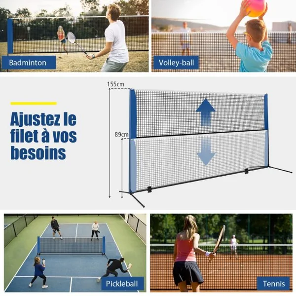 Ensemble de Filet et Raquettes de Badminton Réglable 2 Volants Repose-pieds Coussinets de Serrage Sac de Transport pour Volley-ball Pickleball 420*155*102cm
