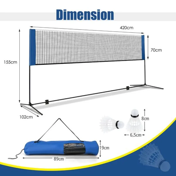 Ensemble de Filet et Raquettes de Badminton Réglable 2 Volants Repose-pieds Coussinets de Serrage Sac de Transport pour Volley-ball Pickleball 420*155*102cm