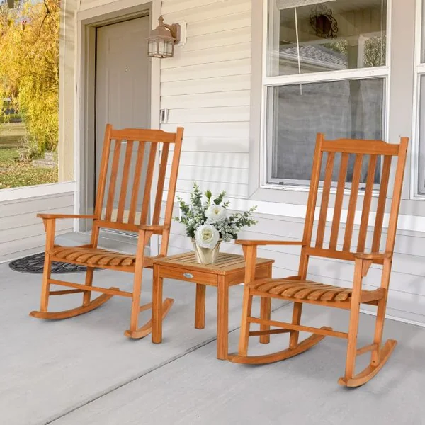 Ensemble de Jardin 3 Pièces Table et 2 Chaises à Bascule en Bois d’Eucalyptus Salon de Jardin pour Balcon Terrasse