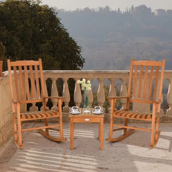 Ensemble de Jardin 3 Pièces Table et 2 Chaises à Bascule en Bois d’Eucalyptus Salon de Jardin pour Balcon Terrasse