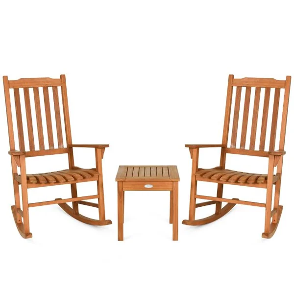 Ensemble de Jardin 3 Pièces Table et 2 Chaises à Bascule en Bois d’Eucalyptus Salon de Jardin pour Balcon Terrasse