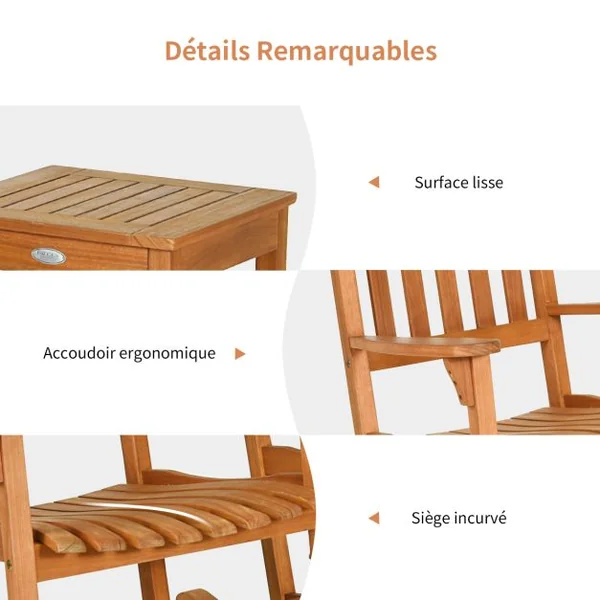 Ensemble de Jardin 3 Pièces Table et 2 Chaises à Bascule en Bois d’Eucalyptus Salon de Jardin pour Balcon Terrasse
