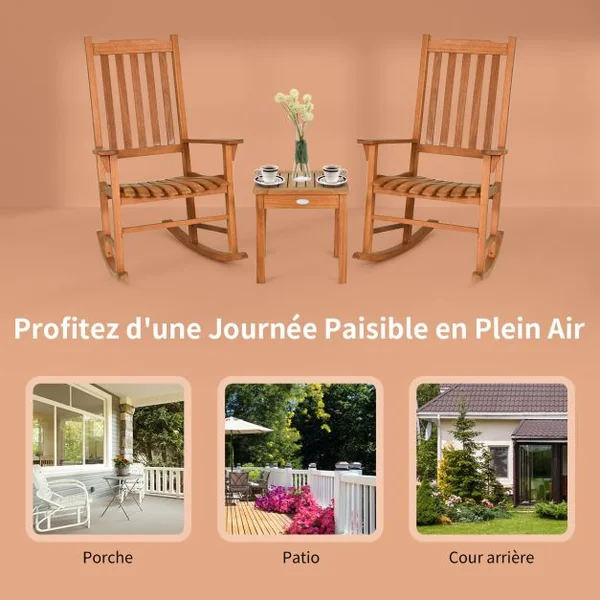 Ensemble de Jardin 3 Pièces Table et 2 Chaises à Bascule en Bois d’Eucalyptus Salon de Jardin pour Balcon Terrasse