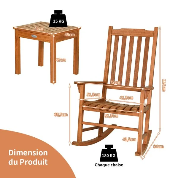 Ensemble de Jardin 3 Pièces Table et 2 Chaises à Bascule en Bois d’Eucalyptus Salon de Jardin pour Balcon Terrasse