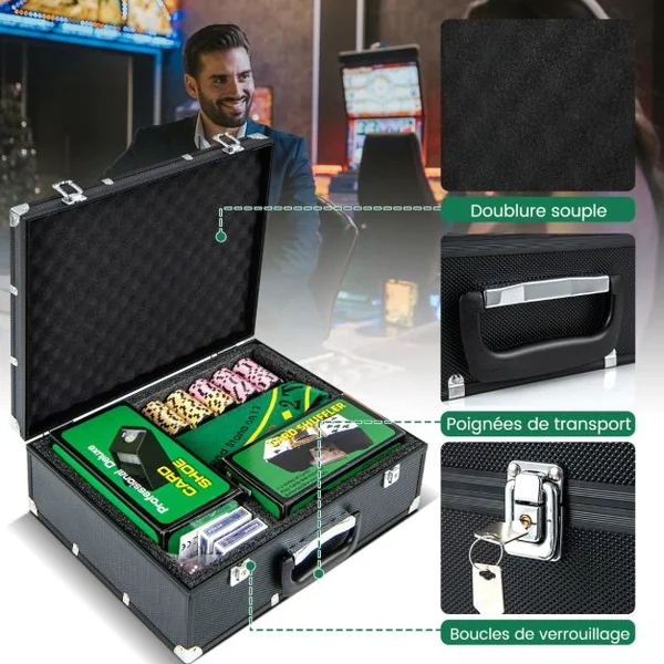 Ensemble de Jetons de Poker de Casino avec 300 Jetons 2 Jeux de Cartes 5 Dés et 3 Boutons de Croupier Feutre de Poker Mélangeur Automatique de Cartes