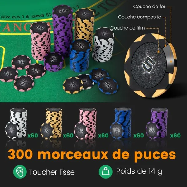 Ensemble de Jetons de Poker de Casino avec 300 Jetons 2 Jeux de Cartes 5 Dés et 3 Boutons de Croupier Feutre de Poker Mélangeur Automatique de Cartes