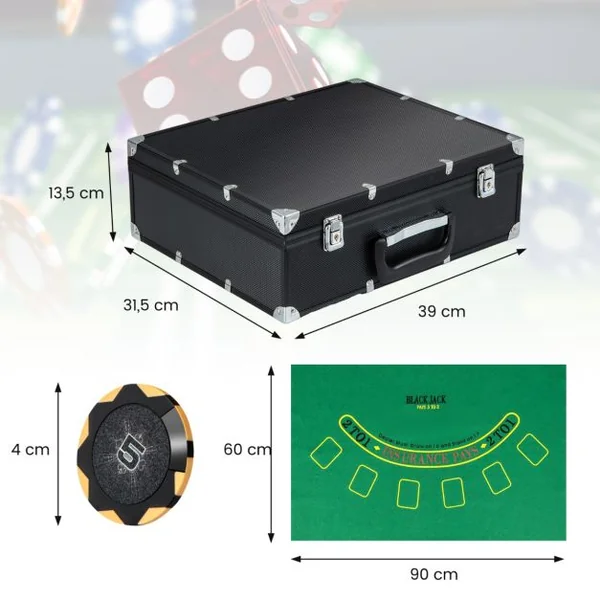 Ensemble de Jetons de Poker de Casino avec 300 Jetons 2 Jeux de Cartes 5 Dés et 3 Boutons de Croupier Feutre de Poker Mélangeur Automatique de Cartes