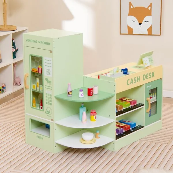 Ensemble de Jeu de Supermarché en Bois Autoportant pour Enfants Tableau Noir Caisse Enregistreuse Distributeur Automatique pour 3 à 8 Ans Vert/Violet