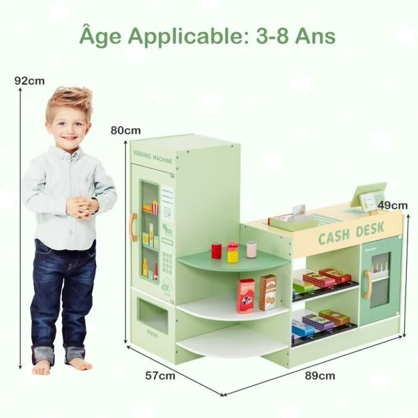 Ensemble de Jeu de Supermarché en Bois Autoportant pour Enfants Tableau Noir Caisse Enregistreuse Distributeur Automatique pour 3 à 8 Ans Vert/Violet