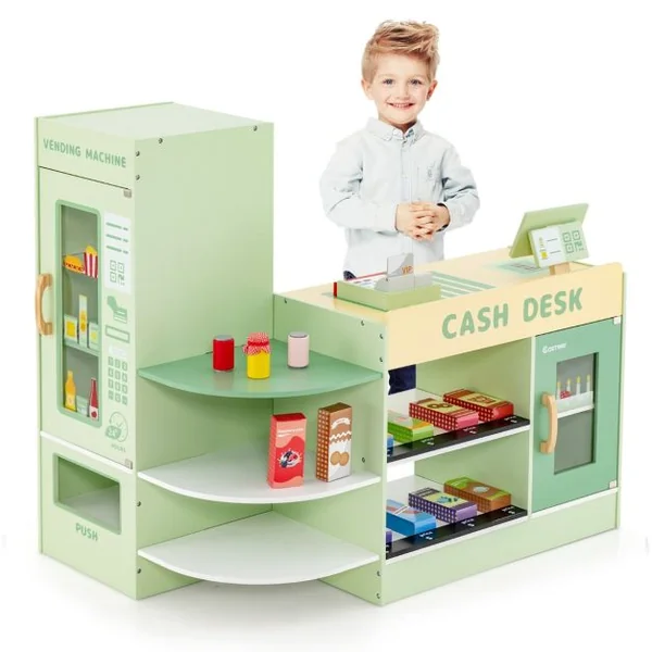 Ensemble de Jeu de Supermarché en Bois Autoportant pour Enfants Tableau Noir Caisse Enregistreuse Distributeur Automatique pour 3 à 8 Ans Vert/Violet