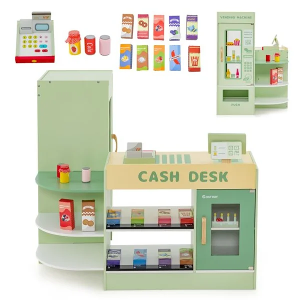 Ensemble de Jeu de Supermarché en Bois Autoportant pour Enfants Tableau Noir Caisse Enregistreuse Distributeur Automatique pour 3 à 8 Ans Vert/Violet