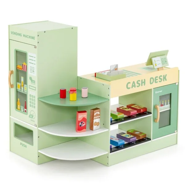 Ensemble de Jeu de Supermarché en Bois Autoportant pour Enfants Tableau Noir Caisse Enregistreuse Distributeur Automatique pour 3 à 8 Ans Vert/Violet