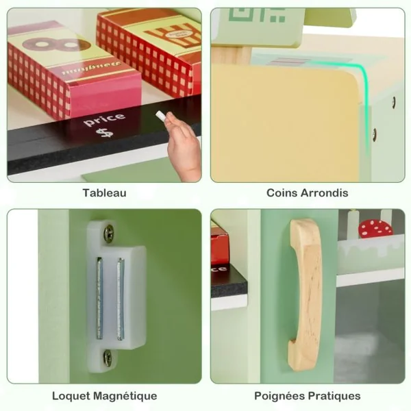 Ensemble de Jeu de Supermarché en Bois Autoportant pour Enfants Tableau Noir Caisse Enregistreuse Distributeur Automatique pour 3 à 8 Ans Vert/Violet