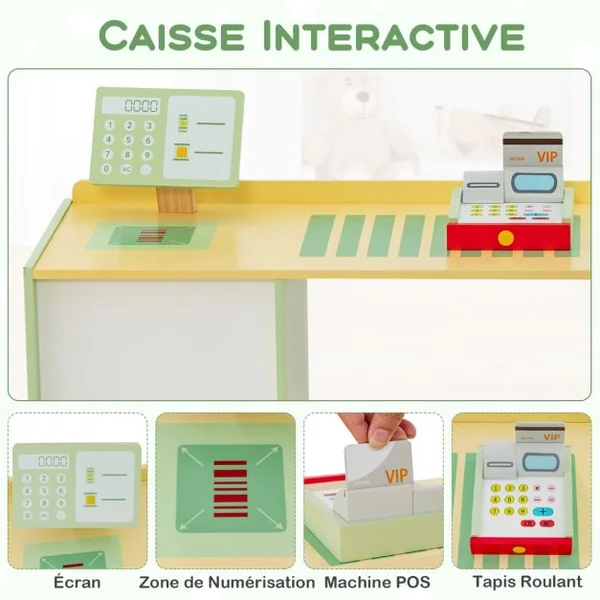 Ensemble de Jeu de Supermarché en Bois Autoportant pour Enfants Tableau Noir Caisse Enregistreuse Distributeur Automatique pour 3 à 8 Ans Vert/Violet