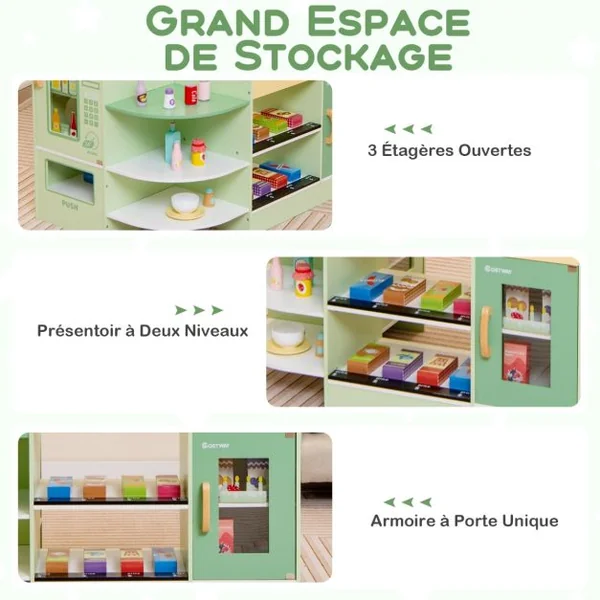 Ensemble de Jeu de Supermarché en Bois Autoportant pour Enfants Tableau Noir Caisse Enregistreuse Distributeur Automatique pour 3 à 8 Ans Vert/Violet