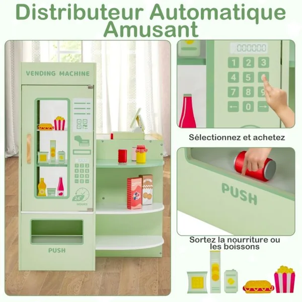 Ensemble de Jeu de Supermarché en Bois Autoportant pour Enfants Tableau Noir Caisse Enregistreuse Distributeur Automatique pour 3 à 8 Ans Vert/Violet
