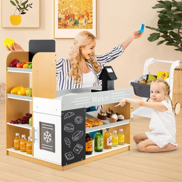 Ensemble de Jeu de Supermarché en Bois pour Enfant avec Chariot de Courses 2 Tableaux Noirs Caisse Enregistreuse pour Les 3+ Ans Multicoloré
