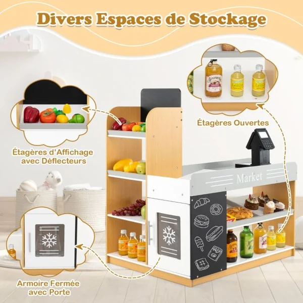 Ensemble de Jeu de Supermarché en Bois pour Enfant avec Chariot de Courses 2 Tableaux Noirs Caisse Enregistreuse pour Les 3+ Ans Multicoloré