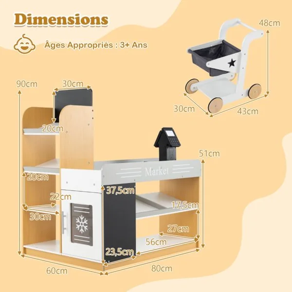 Ensemble de Jeu de Supermarché en Bois pour Enfant avec Chariot de Courses 2 Tableaux Noirs Caisse Enregistreuse pour Les 3+ Ans Multicoloré
