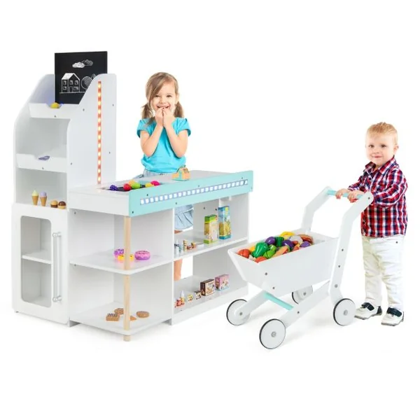 Ensemble de Jeu de Supermarché en Bois pour Enfants Epicerie de Jeu avec Caisse Enregistreuse Chariot Tableau Noir avec Lumières LED Blanc