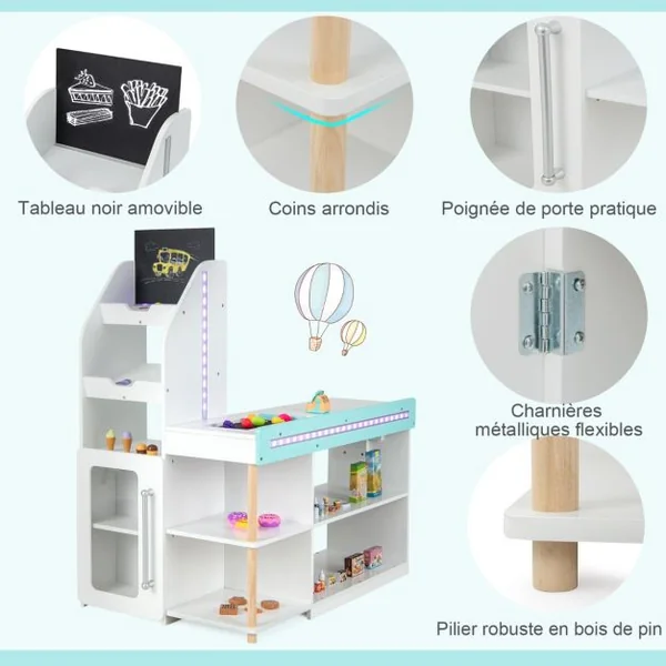 Ensemble de Jeu de Supermarché en Bois pour Enfants Epicerie de Jeu avec Caisse Enregistreuse Chariot Tableau Noir avec Lumières LED Blanc