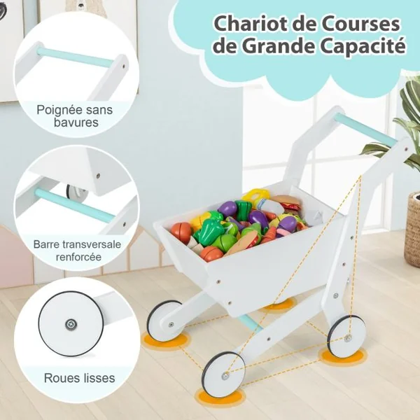 Ensemble de Jeu de Supermarché en Bois pour Enfants Epicerie de Jeu avec Caisse Enregistreuse Chariot Tableau Noir avec Lumières LED Blanc