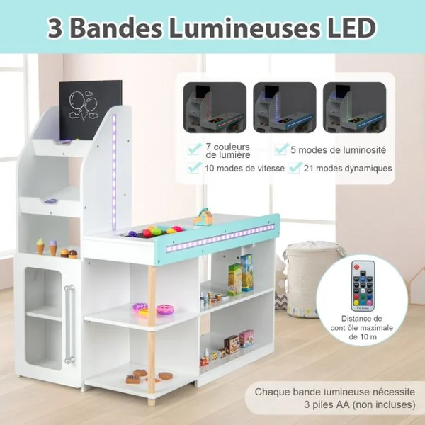 Ensemble de Jeu de Supermarché en Bois pour Enfants Epicerie de Jeu avec Caisse Enregistreuse Chariot Tableau Noir avec Lumières LED Blanc