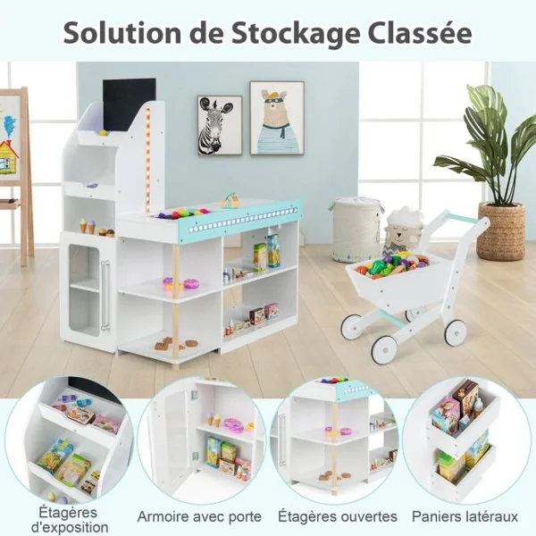 Ensemble de Jeu de Supermarché en Bois pour Enfants Epicerie de Jeu avec Caisse Enregistreuse Chariot Tableau Noir avec Lumières LED Blanc