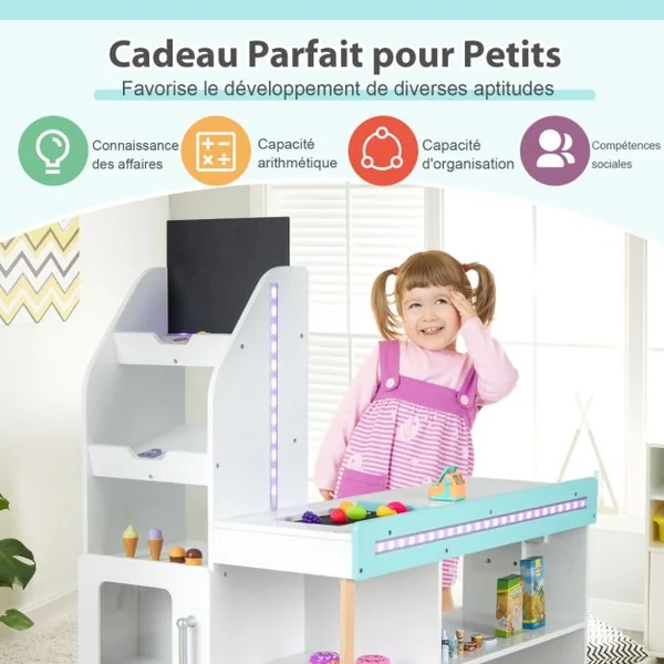 Ensemble de Jeu de Supermarché en Bois pour Enfants Epicerie de Jeu avec Caisse Enregistreuse Chariot Tableau Noir avec Lumières LED Blanc