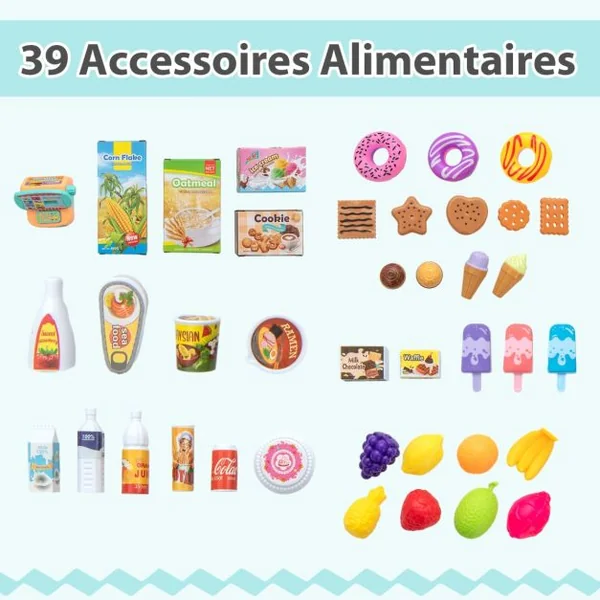 Ensemble de Jeu de Supermarché en Bois pour Enfants Epicerie de Jeu avec Caisse Enregistreuse Chariot Tableau Noir avec Lumières LED Blanc