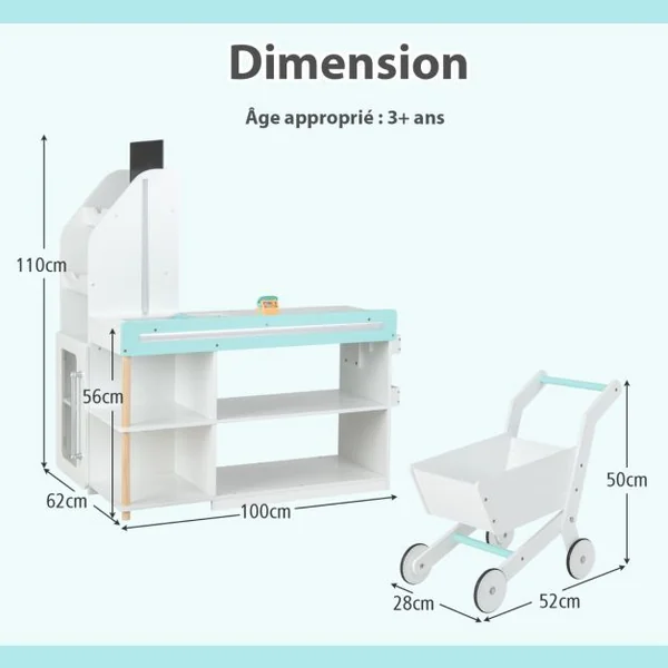 Ensemble de Jeu de Supermarché en Bois pour Enfants Epicerie de Jeu avec Caisse Enregistreuse Chariot Tableau Noir avec Lumières LED Blanc