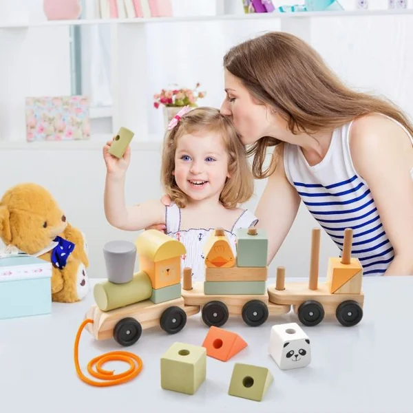 Ensemble de Jouet de Train en Bois 3 Sections Blocs de Construction Empilables Motifs d'Animaux pour Les Tout-petits