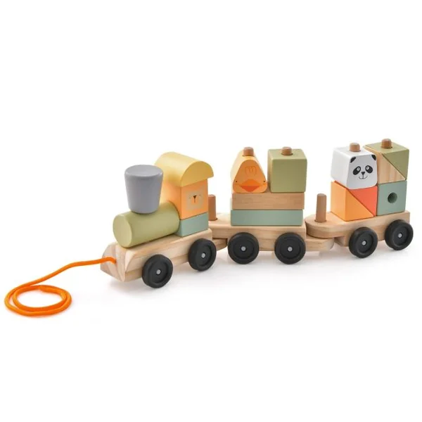 Ensemble de Jouet de Train en Bois 3 Sections Blocs de Construction Empilables Motifs d'Animaux pour Les Tout-petits