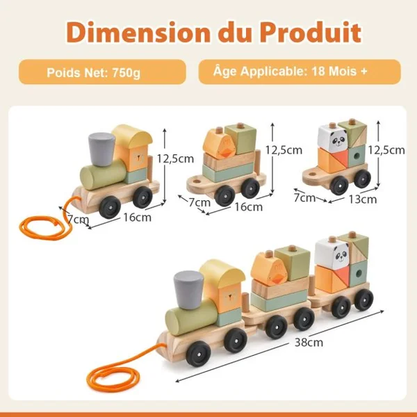 Ensemble de Jouet de Train en Bois 3 Sections Blocs de Construction Empilables Motifs d'Animaux pour Les Tout-petits