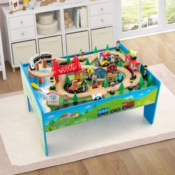 Ensemble De Jouets De Train Et Table En Bois 80 Pièces Plateau Réversible Et Amovible Tiroir Rails En Bois Massif Figurines Bleu