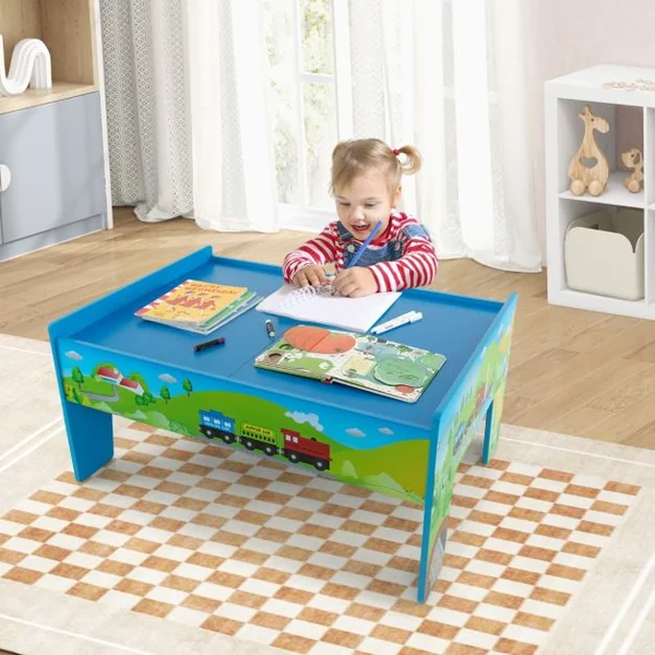 Ensemble De Jouets De Train Et Table En Bois 80 Pièces Plateau Réversible Et Amovible Tiroir Rails En Bois Massif Figurines Bleu
