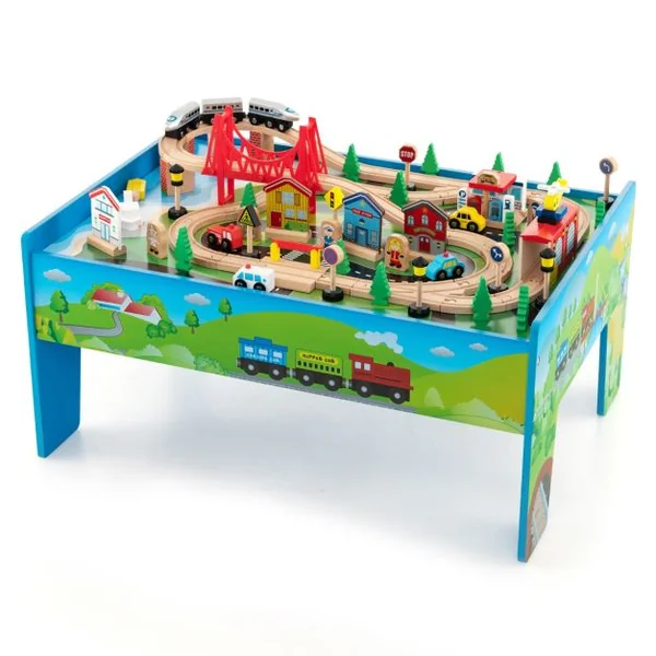 Ensemble De Jouets De Train Et Table En Bois 80 Pièces Plateau Réversible Et Amovible Tiroir Rails En Bois Massif Figurines Bleu