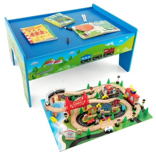 Ensemble De Jouets De Train Et Table En Bois 80 Pièces Plateau Réversible Et Amovible Tiroir Rails En Bois Massif Figurines Bleu