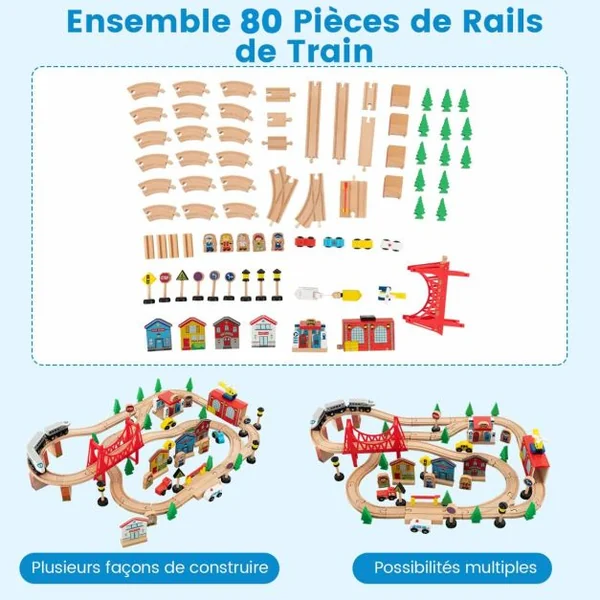 Ensemble De Jouets De Train Et Table En Bois 80 Pièces Plateau Réversible Et Amovible Tiroir Rails En Bois Massif Figurines Bleu