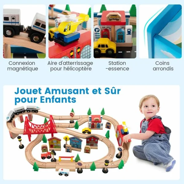 Ensemble De Jouets De Train Et Table En Bois 80 Pièces Plateau Réversible Et Amovible Tiroir Rails En Bois Massif Figurines Bleu