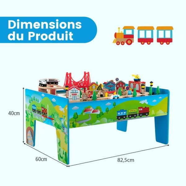 Ensemble De Jouets De Train Et Table En Bois 80 Pièces Plateau Réversible Et Amovible Tiroir Rails En Bois Massif Figurines Bleu