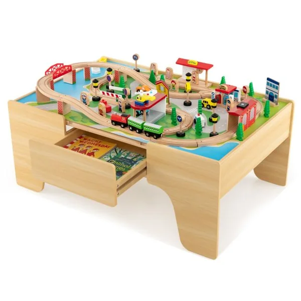Ensemble De Jouets De Train Et Table En Bois 84 Pièces Plateau Réversible Et Amovible Tiroir Rails En Bois Massif Figurines