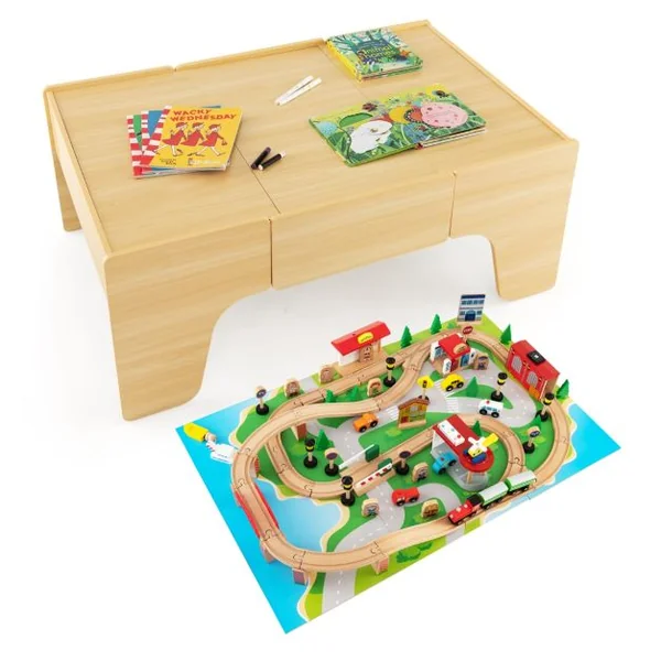 Ensemble De Jouets De Train Et Table En Bois 84 Pièces Plateau Réversible Et Amovible Tiroir Rails En Bois Massif Figurines