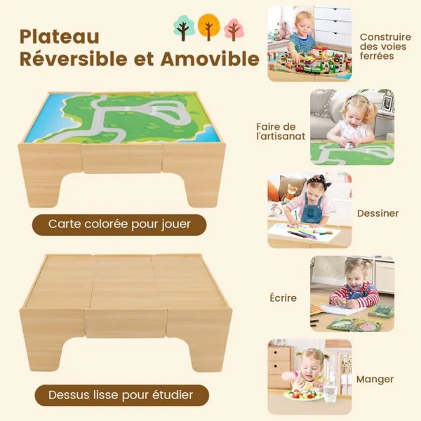 Ensemble De Jouets De Train Et Table En Bois 84 Pièces Plateau Réversible Et Amovible Tiroir Rails En Bois Massif Figurines