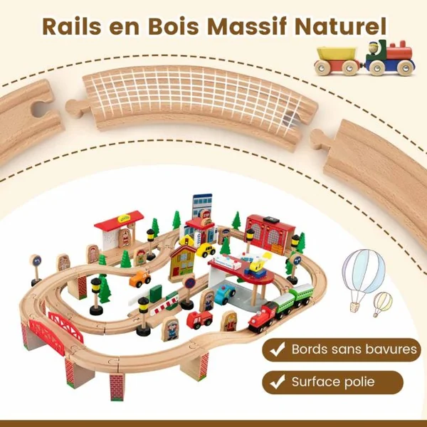 Ensemble De Jouets De Train Et Table En Bois 84 Pièces Plateau Réversible Et Amovible Tiroir Rails En Bois Massif Figurines